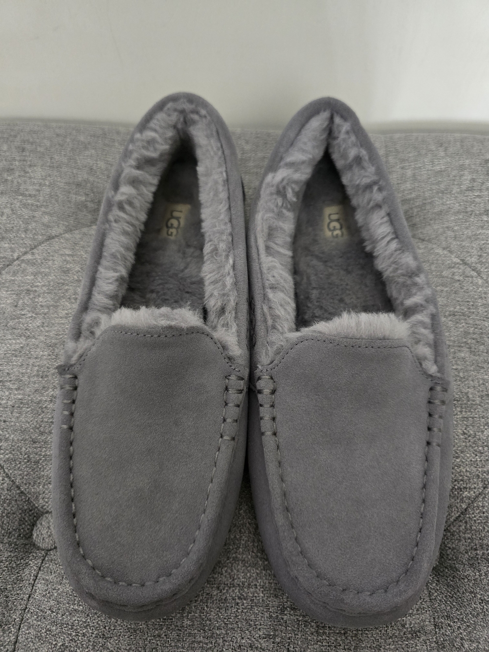 UGG Women's Grey Suede Shearling Moccasin Slippers